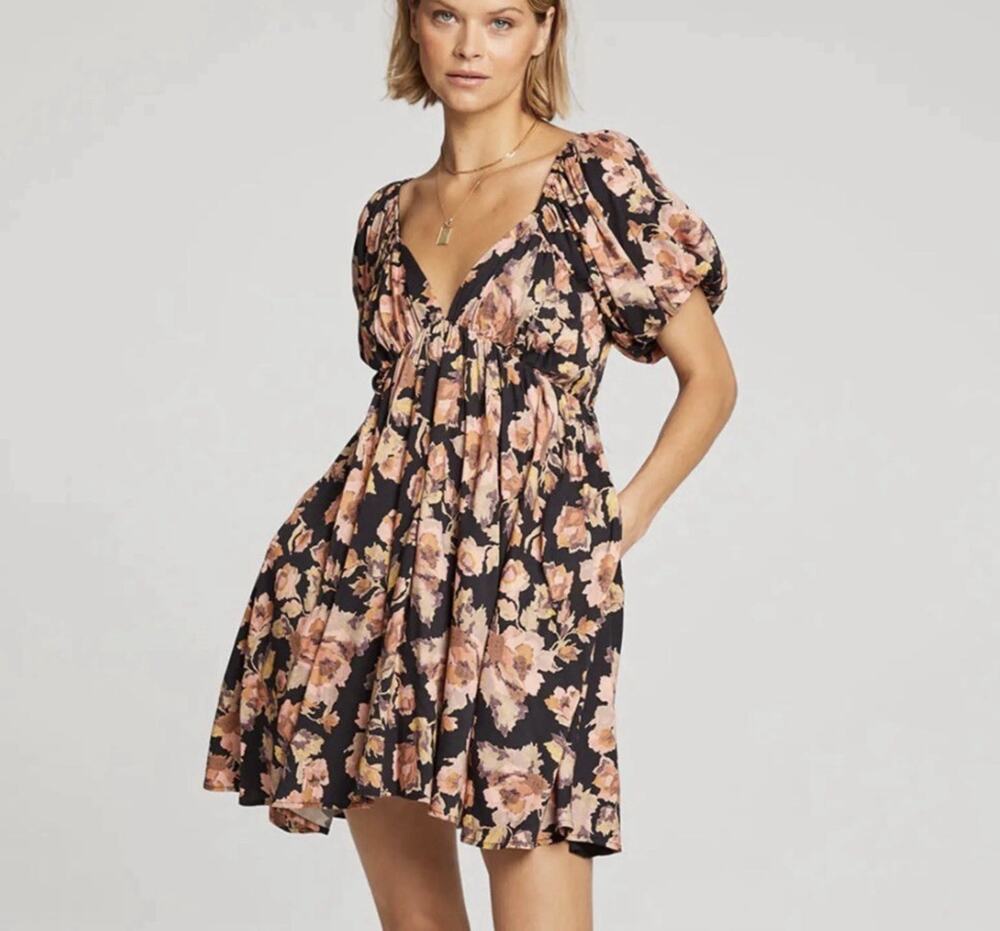 Saltwater Luxe Mini Dress Size L Pink Black Floral Puff Sleeves Fall Coquette